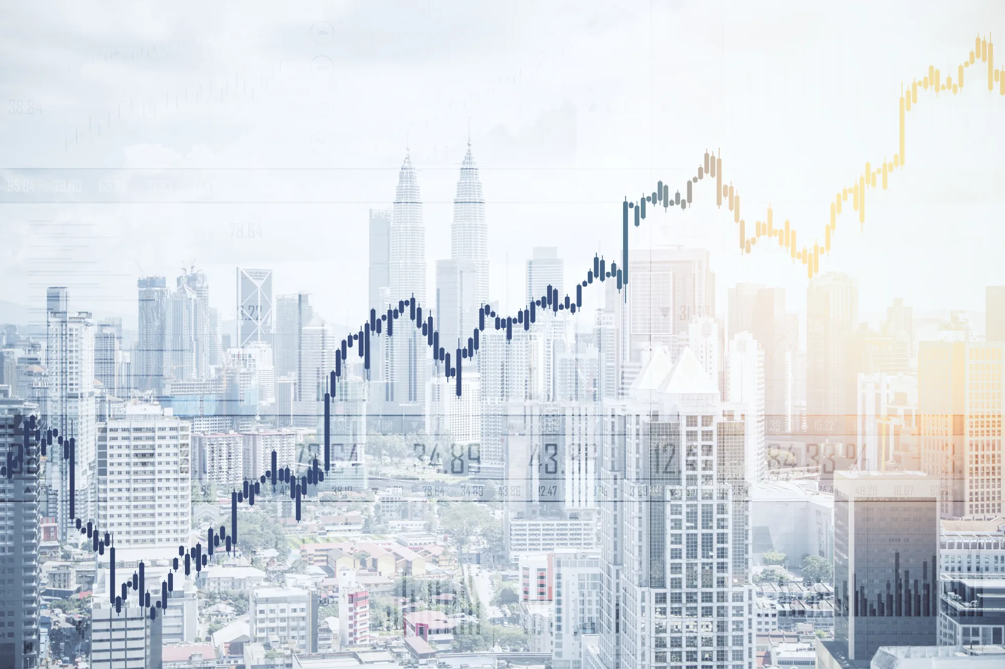 Stock market graph overlaying a city skyline with tall buildings.